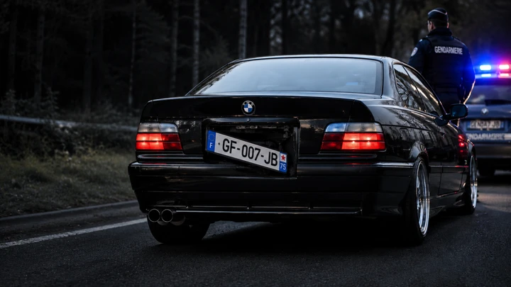 Fermata BMW E36 con targa rotante stile James Bond