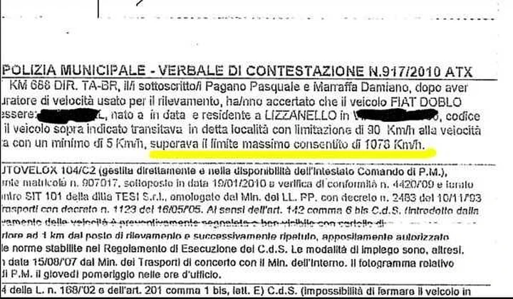 Fiat Doblò multa a 1230 km/h