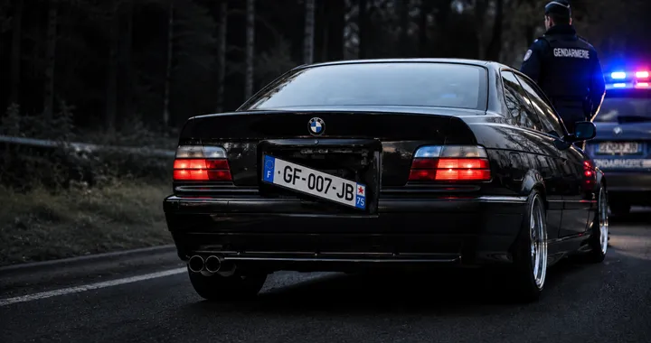 Fermata BMW E36 con targa rotante stile James Bond